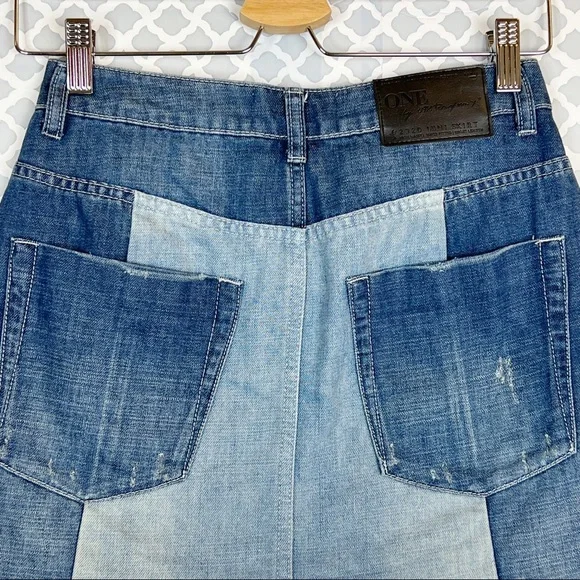 EUC One Teaspoon 2020 Medium Wash Two-Tone Distressed Denim Mini Skirt - Picture 6 of 12